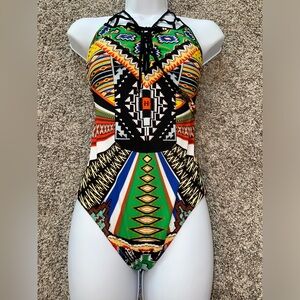 Zeki Geometric Tribal Inspired Pattern Halter Neck One Piece Swimsuit NWOT Sz 10